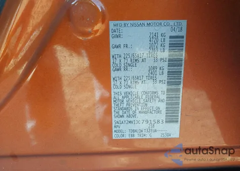 2018 Nissan Rogue Sv z USA, uszkodzony, nr VIN 5N1AT2MV1JC791583